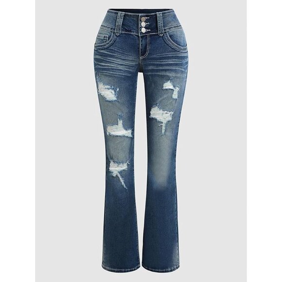 Women’s Ripped Wide Leg Jeans Low Rise Stretch Denim Plus Size Pants - Picture 6 of 9